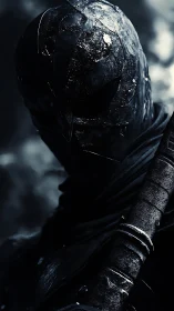 Stealth combat figure in weathered armored cowl, low key