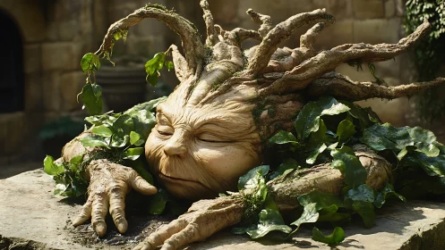 Tree-like humanoid root figure resting on stone surface.