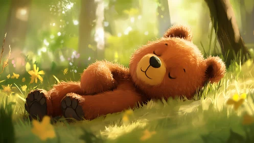 Soft-lit digital bear cub sleeping in sun-drenched forest glade