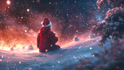 Snowbound dreamer listens to winter lights hum around