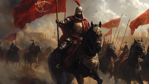 Armored warlord leads crimson cavalry toward stormed citadel.