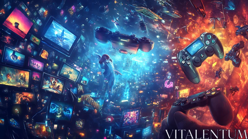 Futuristic gaming cityscape with floating controllers and screens.