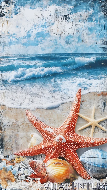 Textured marine still life contrasts foamy surf with detailed starfish
