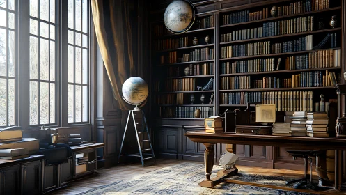 Sunlit classic library with globes and dark wood shelves.