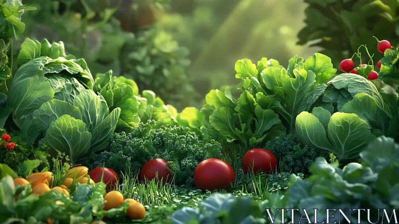 Lush vegetable garden with leafy greens and tomatoes.