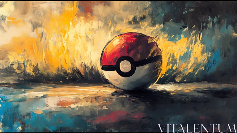 Pokeball on reflective ground in bold abstract colors.