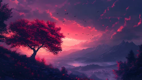 Crimson dreamtree overlooking violet storm-kissed valley.