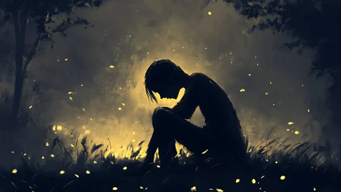 Silhouetted figure in nocturne meadow with luminous backlight.