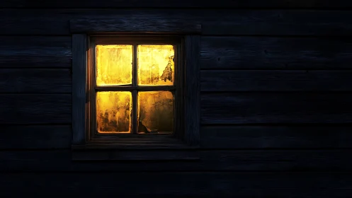 Illuminated cabin window glows against dark wooden wall