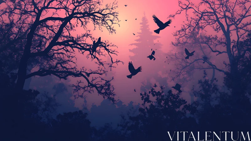 Silhouetted forest landscape with birds in flight at twilight.
