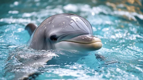 Smiling bottlenose dolphin surfaces in clear turquoise pool