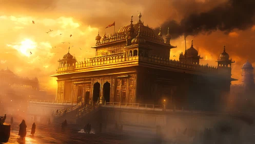 Sunfire mist crowns the golden temple in drifting dusk haze