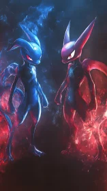 Elemental twins stand in glowing red and blue starlight.
