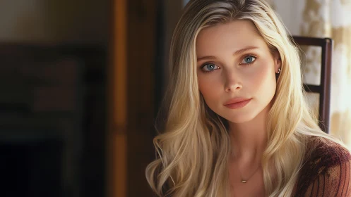 Blonde woman gazes softly toward camera in warm window light