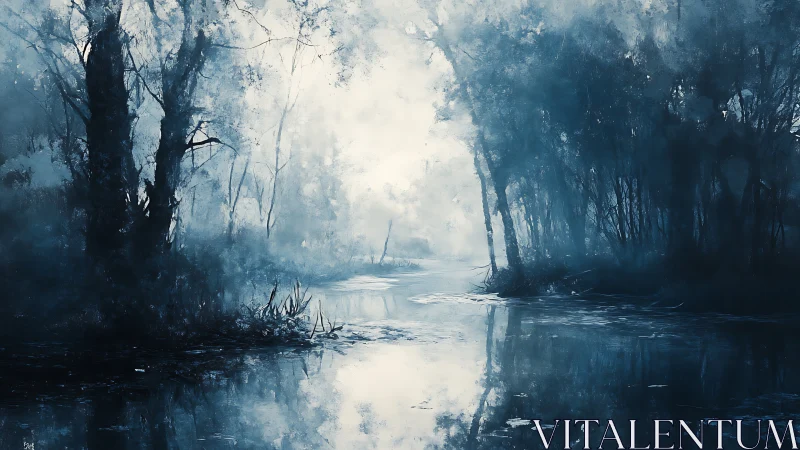 Nocturnal misted river corridor rendered in desaturated blues