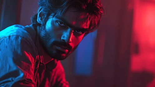Moody portrait under neon blue and red cinematic lighting.