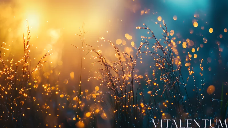 Dawnlit meadow sparks with amber droplets and dusk glow.