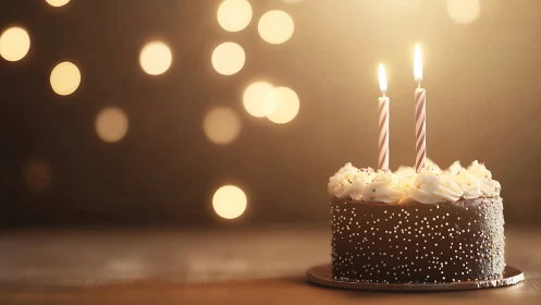 Birthday cake with lit candles against warm bokeh lighting background.