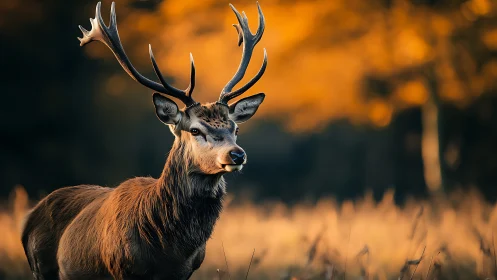 Autumn antlered monarch pausing in a copper-ember forest.