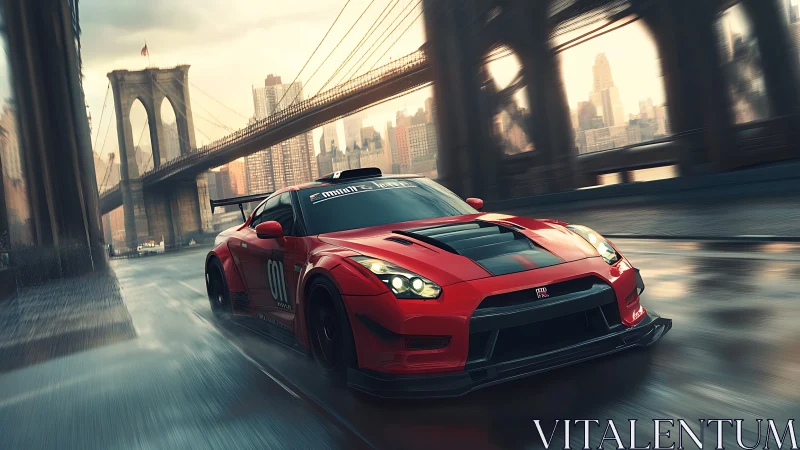 Red GT-R race car powers through wet Brooklyn bridge streets.