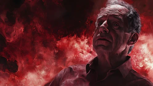 Older man rises from crimson smoke in a moody portrait