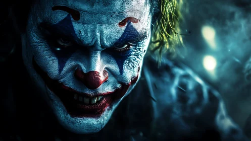 Sinister clown prowls in neon fog, grin carved from chaos.