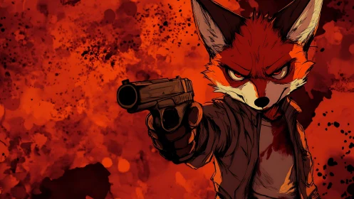 Armed fox vigilante levels handgun against blood-red backdrop