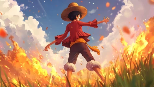 Straw-hatted dreamer strides boldly through blazing field.