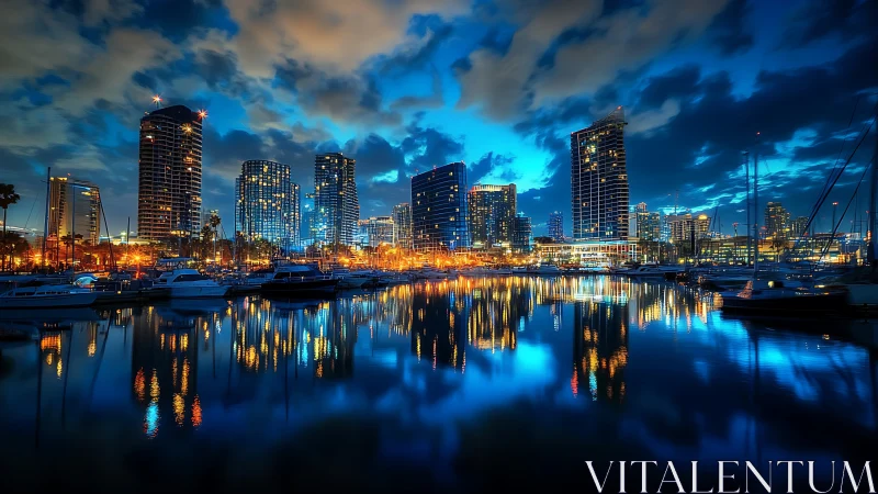 Harbor skyline drenches midnight clouds in electric blue glow.