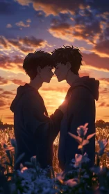 Sunset field embraces two boys sharing a gentle closeness