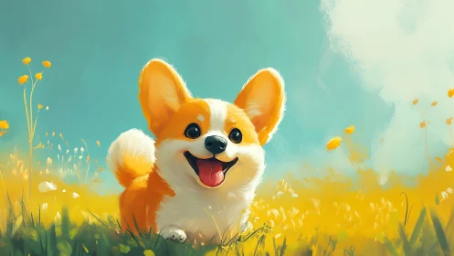 Joyful corgi puppy runs through bright yellow meadow
