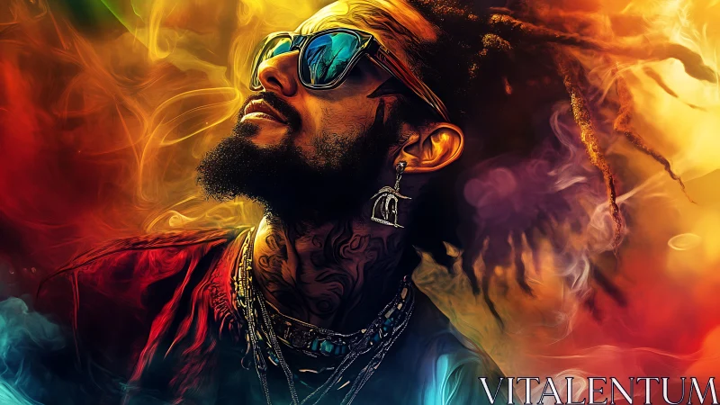 Portrait of man with sunglasses amid multicolored smoke field.