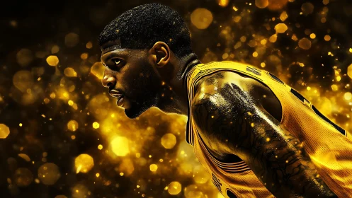 Golden-lit basketball player focuses amid sparkling bokeh haze