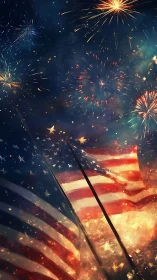 United States flags with night sky fireworks display scene.