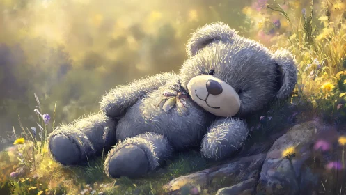 Digital painting of plush teddy bear in sunlit meadow repose.