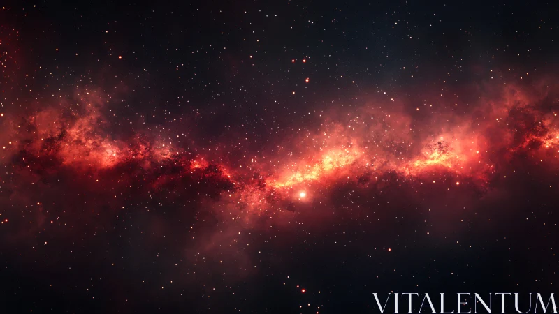 Red emission nebula band across dense star field in space.