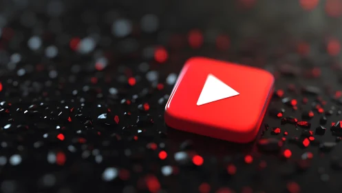 3D YouTube Play Button Icon on Dark Abstract Glitter Background.