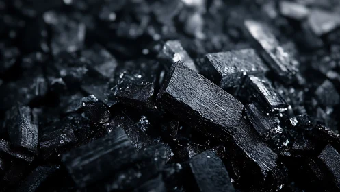 Close-up view of dark crystalline coal fragments in focus.