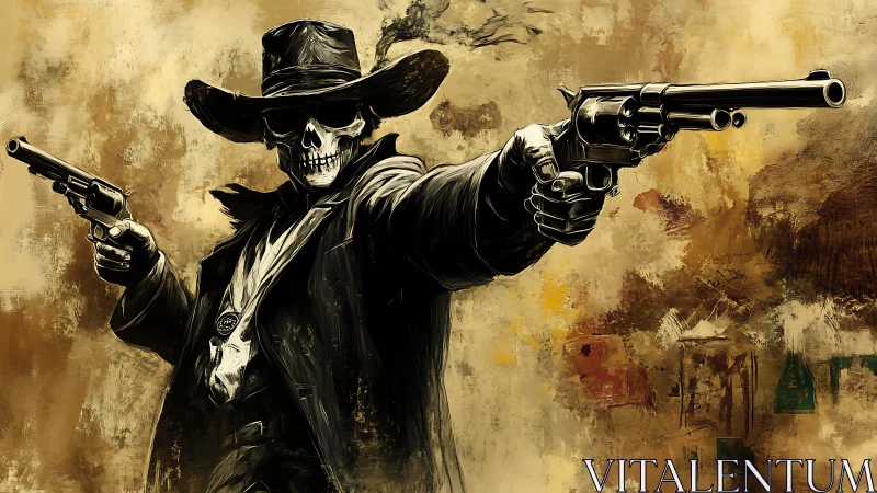 Skeletal gunslinger in wide-brim hat aims dual revolvers at viewer