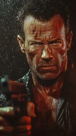 Storm-soaked action hero locked in a tense, gritty stare.
