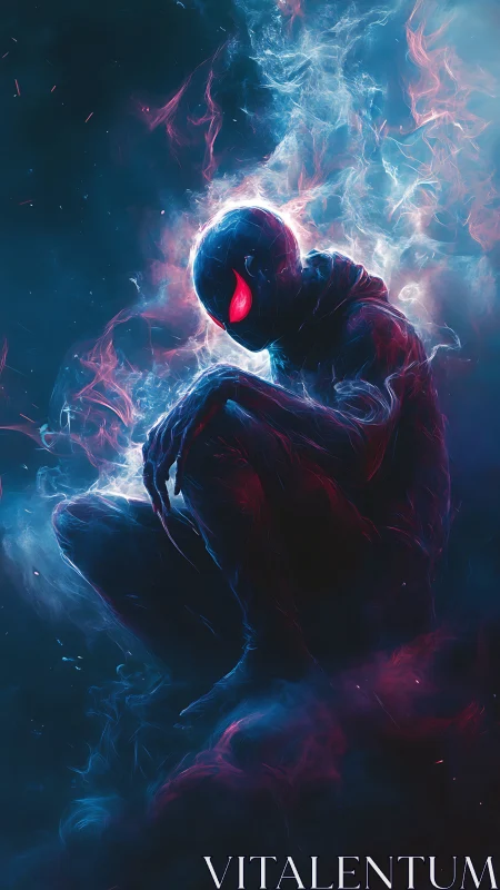 Hooded humanoid silhouette crouches in luminous vapor field