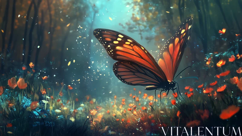 Glowing monarch butterfly in luminous forest meadow twilight.