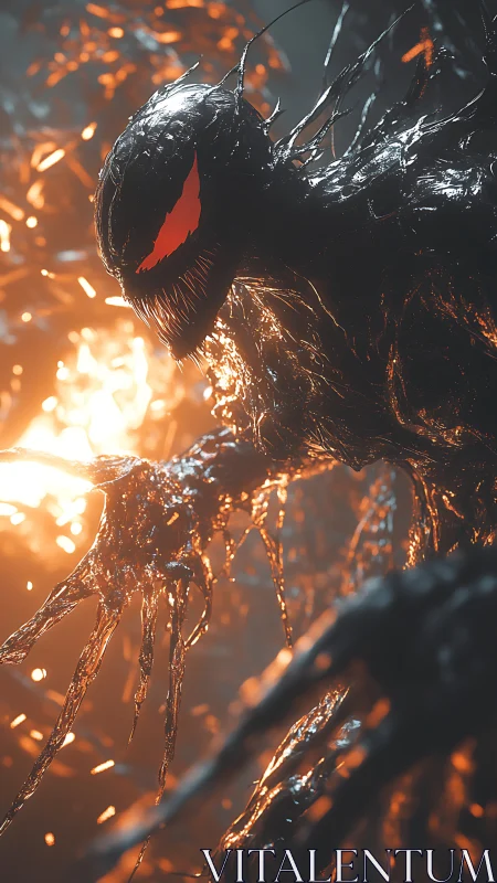 Molten symbiotic creature reaches forward through blazing light