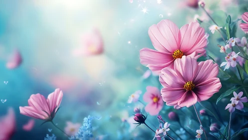 Pink Cosmos Flowers Dance in Luminous Turquoise Dream.