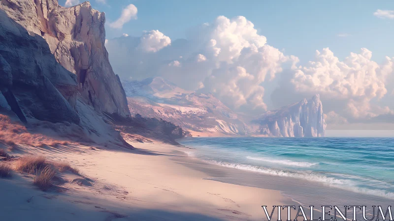 Coastal Landscape with Towering Formations and Beach.