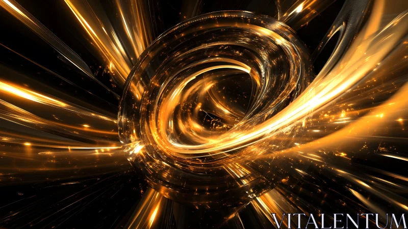 Abstract golden vortex with glowing light streaks, digital art style.