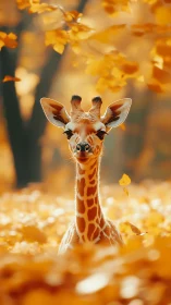 Juvenile giraffe emerges sharply amid autumn bokeh field