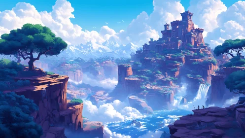 Skybound citadel above cloud-carved canyons and rivers.