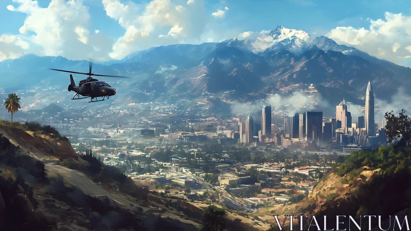 Sunlit city skyline beneath snow-capped mountain watch.