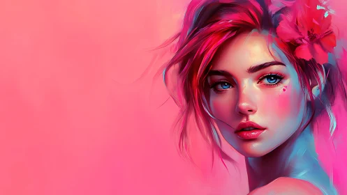 Neon hibiscus muse in glowing pink daydream light.